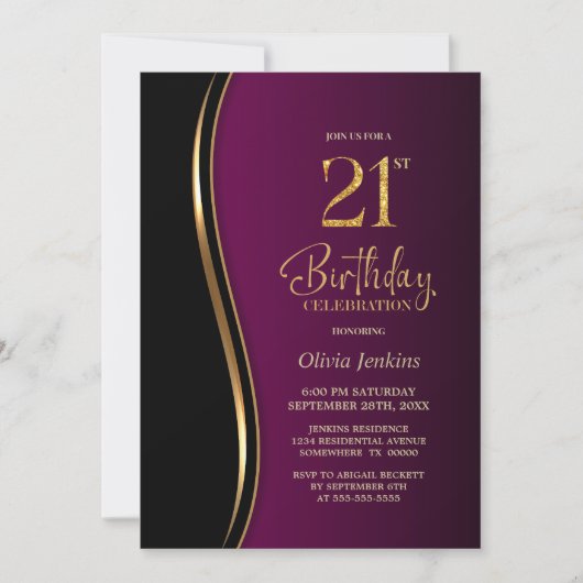 ブラック金ゴールドピンク21歳の誕生日パーティー 招待状 (正面)