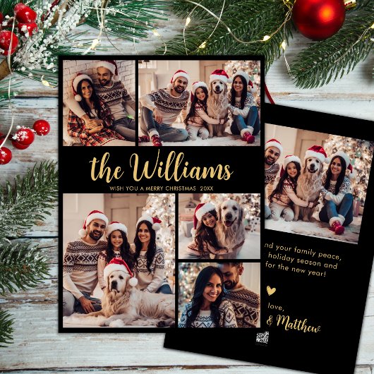 ブラック金ゴールドファミリー名5フォトコラージュクリスマス シーズンカード