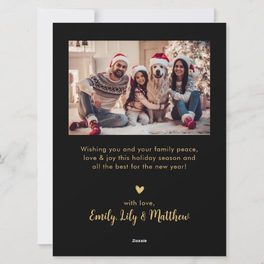 ブラック金ゴールドファミリー名5フォトコラージュクリスマス シーズンカード (裏面)