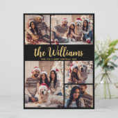 ブラック金ゴールドファミリー名5フォトコラージュクリスマス シーズンカード (スタンド正面)