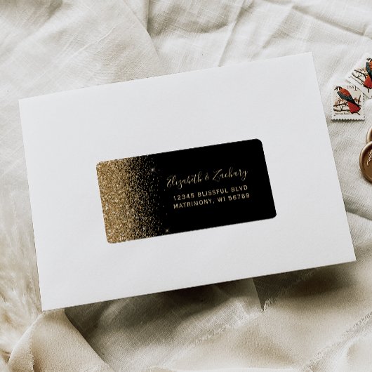 ブラック金ゴールドフェイクグリッターウェディングRSVPセルフアドレス ラベル