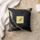 ブラック金ゴールドフェイクマーブルかわいらしモノグラム クッション (ブランケット)