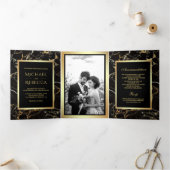 ブラック金ゴールドフェイク大理石ゴールドフォイル結婚フォト 三つ折り招待状 (内部)
