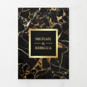 ブラック金ゴールドフェイク大理石ゴールドフォイル結婚フォト 三つ折り招待状 (カバー)
