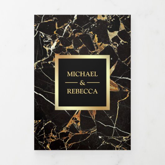 ブラック金ゴールドフェイク大理石ゴールドフォイル結婚フォト 三つ折り招待状 (カバー)