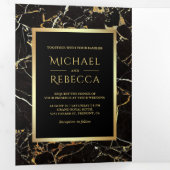 ブラック金ゴールドフェイク大理石ゴールドフォイル結婚フォト 三つ折り招待状 (内部最初)