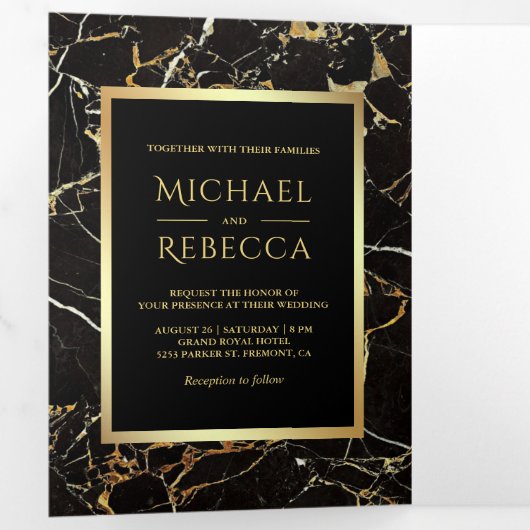 ブラック金ゴールドフェイク大理石ゴールドフォイル結婚フォト 三つ折り招待状 (内部最初)