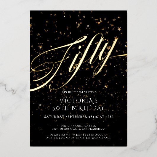 ブラック金ゴールドフエレガントィティ紙吹雪50誕生日 箔招待状 (正面)