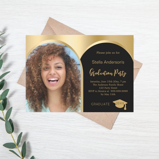 ブラック金ゴールドフォトアーチ卒業2025 招待状