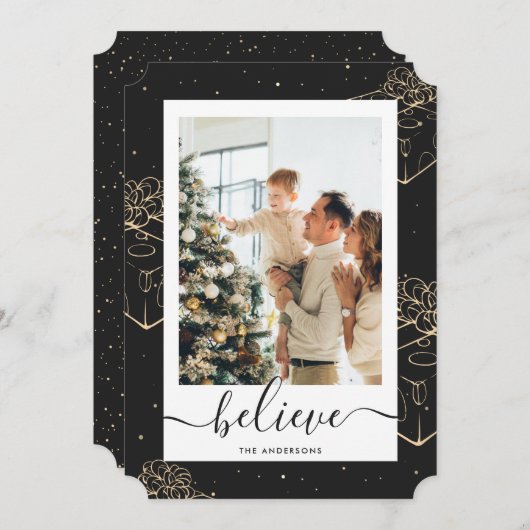 ブラック金ゴールドフォトクリ信じスマス シーズンカード (正面/裏面)