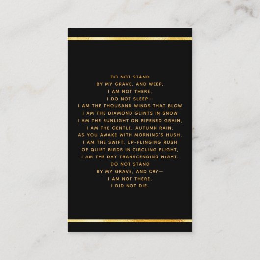 ブラック金ゴールドフォトクロスアーチ葬儀祈りの言葉カード 名刺 (裏面)