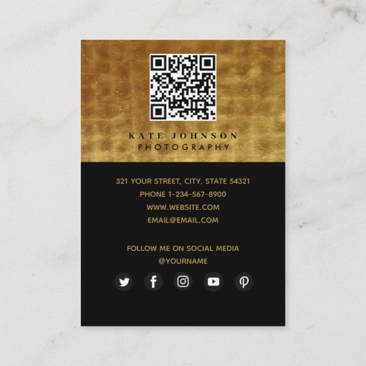 ブラック金ゴールドフォトグラファーQRコードソーシャルメディア 名刺 (裏面)