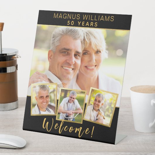 ブラック金ゴールドフォトコラージュ誕生日パーティーへようこそ 台座サイン (インサイチュ)