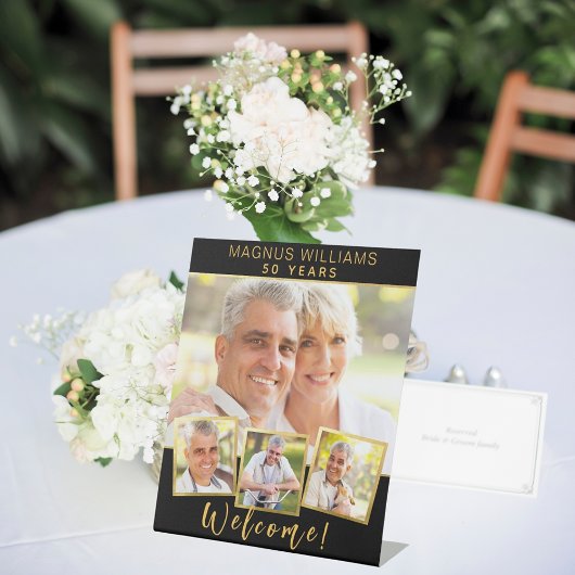 ブラック金ゴールドフォトコラージュ誕生日パーティーへようこそ 台座サイン