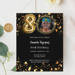ブラック金ゴールドフォトスター80th birthday invitation<br><div class="desc">80モダン歳のスタイリッシュ誕生日パーティーへの招待。クラシックの黒い背飾景、黄金の星。カスタマイズしてパーティー詳細を追加する。1枚= 1枚の招待状を印刷したエッジからエッジ</div>