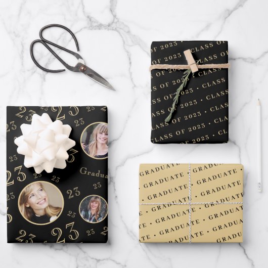 ブラック金ゴールドフォトタイポグラフィクラス2023 ラッピングペーパーシート (正面)