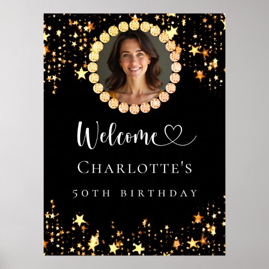 ブラック金ゴールドフォトダイヤモンド誕生日パーティーへようこそ ポスター (正面)