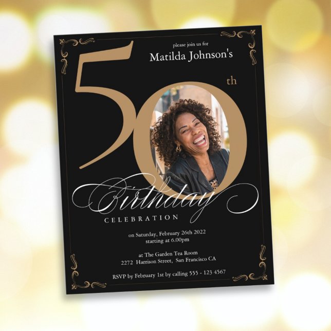 ブラック金ゴールドフォトバジェット50誕生日招待状 (Budget 50th Birthday Black Gold Photo Invitation)