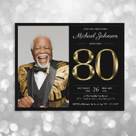 ブラック金ゴールドフォトバジェット80誕生日招待状