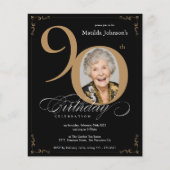 ブラック金ゴールドフォトバジェット90誕生日招待状 (正面)