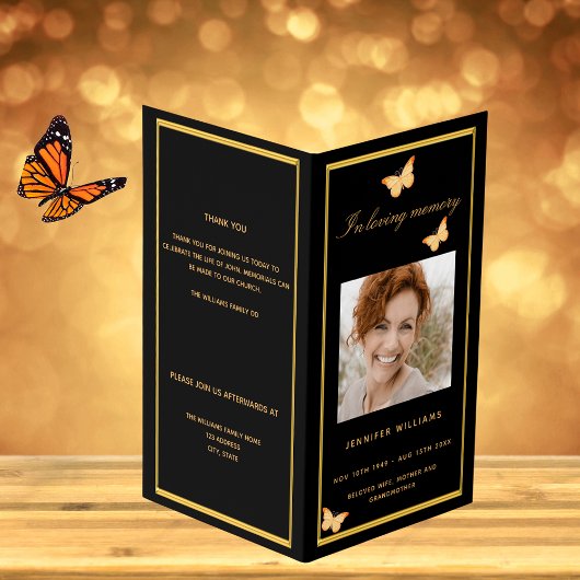 ブラック金ゴールドフォトバタフライ葬儀プログラム