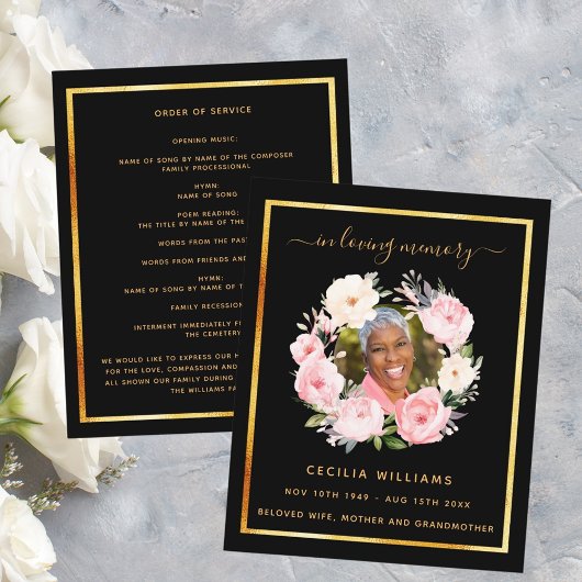 ブラック金ゴールドフォトピンクフローラ葬儀プログラム