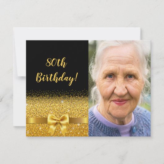 ブラック金ゴールドフォトボウ80歳の誕生日 招待状 (正面)