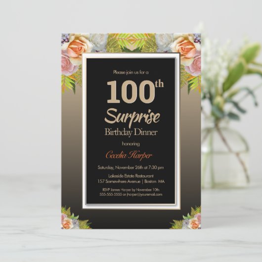 ブラック金ゴールドフローラサプライズ100th誕生日ディナー 招待状 (スタンド正面)