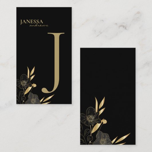 ブラック金ゴールドフローラシンプルタイポグラフィ名の場所 プレイスカード (正面/裏面)