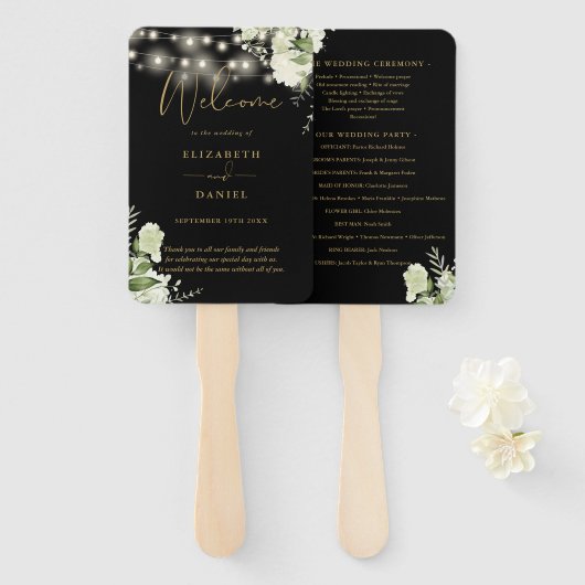 ブラック金ゴールドフローラストリングライト結婚式 プログラム ハンドファン (正面&裏面)