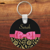 ブラック金ゴールドフローラダマスクピンクボウとシックな名前 キーホルダー (正面)