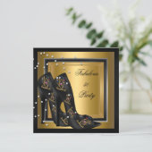 ブラック金ゴールドフローラハイヒールウーマンバースデーパーティー 招待状 (スタンド正面)