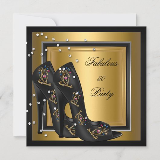 ブラック金ゴールドフローラハイヒールウーマンバースデーパーティー 招待状 (正面)