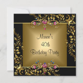 ブラック金ゴールドフローラピンク40歳の誕生日パーティー 招待状 (正面)