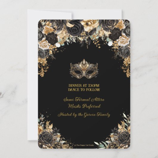 ブラック金ゴールドフローラマスカレードボールキンセアニラ 招待状 (裏面)