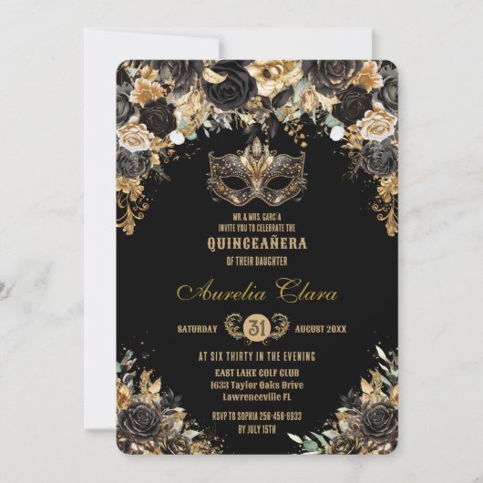 ブラック金ゴールドフローラマスカレードボールキンセアニラ 招待状 (正面)