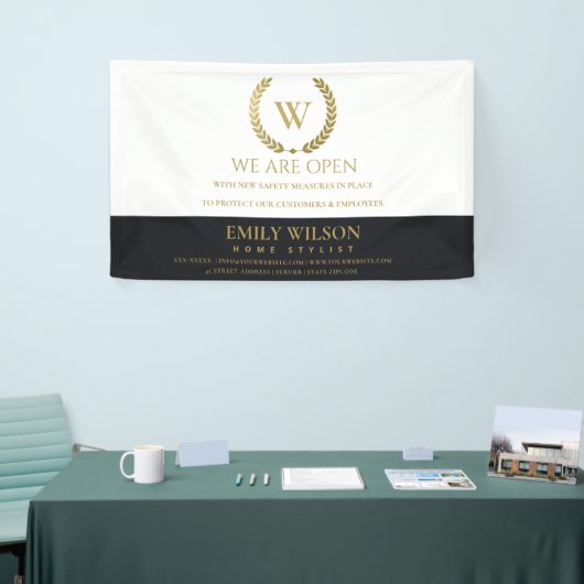 ブラック金ゴールドフローラローレルリースイニシャル再開口 横断幕 (トレードショー)