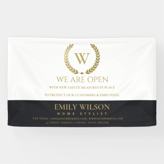 ブラック金ゴールドフローラローレルリースイニシャル再開口 横断幕 (横)