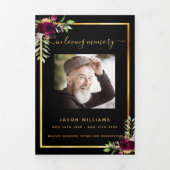 ブラック金ゴールドフローラ写真三回葬儀プログラム 三つ折り案内状 (カバー)