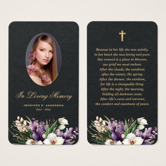 ブラック金ゴールドフローラ写真記念祈りの言葉カード (正面&裏面)