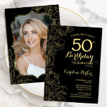 ブラック金ゴールドフローラ写真50th Birthday Party 招待状<br><div class="desc">ブラック金ゴールドフローラ50th誕生日パーティーへの招待あなたの写真をカードの背面に。ボタニカルモダンアウトラインスケッチアクセント、金ゴールドフォイルフェイク、タイポグラフィスクリプトフォントを備えたミニマルなデザイン。トレンディーシンプル招待状カードは女性の日スタイリッシュお祝いに最適。任意のカスタマイズ年齢にすることができる。印刷されたZazzle招待状または即時ダウンロードのデジタル印刷可能なテンプレート。</div>