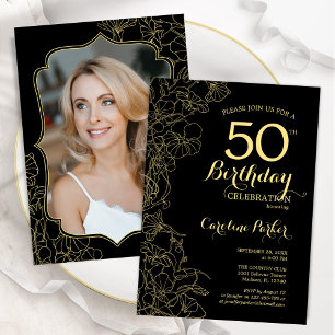 ブラック金ゴールドフローラ写真50th Birthday Party 招待状