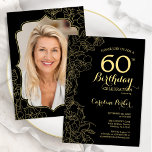 ブラック金ゴールドフローラ写真60th Birthday Party 招待状<br><div class="desc">ブラック金ゴールドフローラ60th誕生日パーティーへの招待あなたの写真をカードの背面に。ボタニカルモダンアウトラインスケッチアクセント、金ゴールドフォイルフェイク、タイポグラフィスクリプトフォントを備えたミニマルなデザイン。トレンディーシンプル招待状カードは女性の日スタイリッシュお祝いに最適。任意のカスタマイズ年齢にすることができる。印刷されたZazzle招待状または即時ダウンロードのデジタル印刷可能なテンプレート。</div>