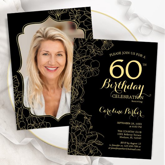 ブラック金ゴールドフローラ写真60th Birthday Party 招待状