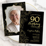 ブラック金ゴールドフローラ写真90th Birthday Party 招待状<br><div class="desc">ブラック金ゴールドフローラ90th誕生日パーティーへの招待あなたの写真をカードの背面に。ボタニカルモダンアウトラインスケッチアクセント、金ゴールドフォイルフェイク、タイポグラフィスクリプトフォントを備えたミニマルなデザイン。トレンディーシンプル招待状カードは女性の日スタイリッシュお祝いに最適。任意のカスタマイズ年齢にすることができる。印刷されたZazzle招待状または即時ダウンロードのデジタル印刷可能なテンプレート。</div>