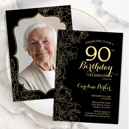 ブラック金ゴールドフローラ写真90th Birthday Party 招待状