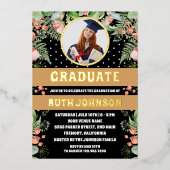 ブラック金ゴールドフローラ卒業パーティーの写真 箔招待状 (正面)