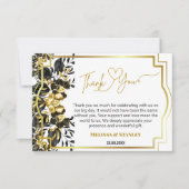 ブラック金ゴールドフローラ幾何学的モノグラム結婚バック サンキューカード (正面)