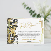 ブラック金ゴールドフローラ幾何学的モノグラム結婚バック サンキューカード (スタンド正面)