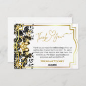 ブラック金ゴールドフローラ幾何学的モノグラム結婚バック サンキューカード (正面/裏面)